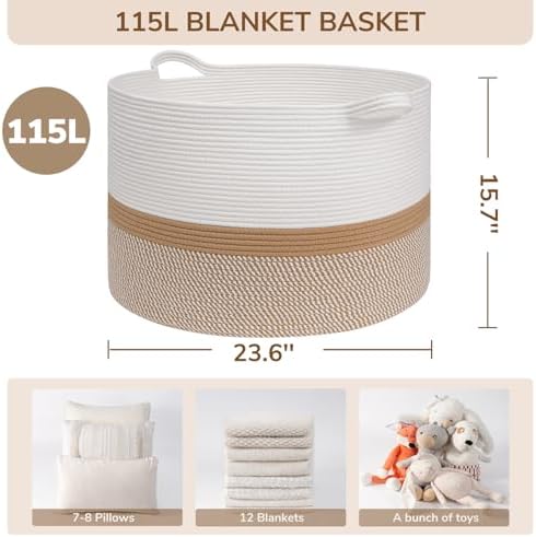 INDRESSME 115L Extra Large Woven Rope Blanket Basket Living Room WhiteCamel - Image 2