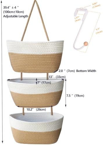 Over the Door Hanging Basket for Organizing 3 Tiers Woven Cotton Rope Wall - Image 3