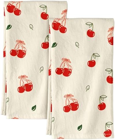 Miss Adola 150GSM Flour Sack Kitchen Towels Set of 2, Bow Cherry by MissAdola