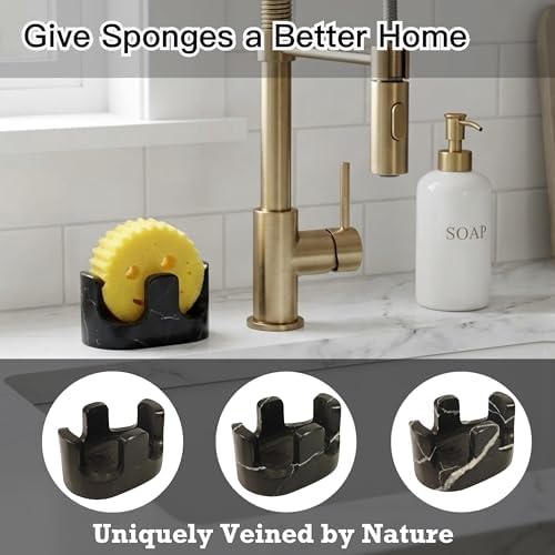 Black Marble Sponge Holder for Kitchen Sink, 2-in-1 Natural Stone Sponge & - Image 3