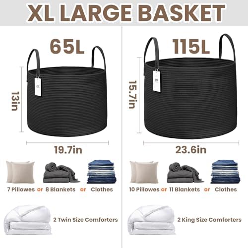 JMvicyroam 115L Extra Large Machine Washable Cotton Rope Blanket Basket - Image 3