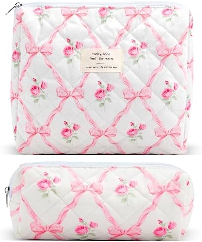 2Pcs Quilted Cotton Makeup Bag Large Travel Makeup Pouch Small Brush Holder Set by Lestp