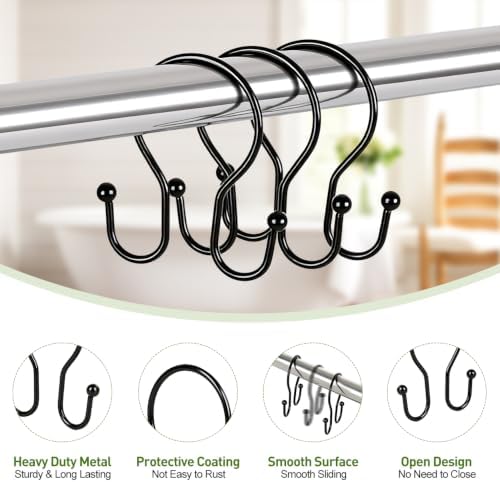 Resze 12PCS Shower Curtain Hooks, Sturdy Metal Black Shower Curtain Rings - Image 6