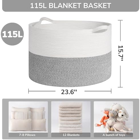INDRESSME 115L Extra Large Woven Rope Blanket Basket Living Room Light Grey - Image 2
