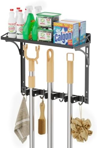 Broom Holder Wall Mount with Cleaning Supplies Organizer | Laundry Room Shelves by SKNOOYLIGHT