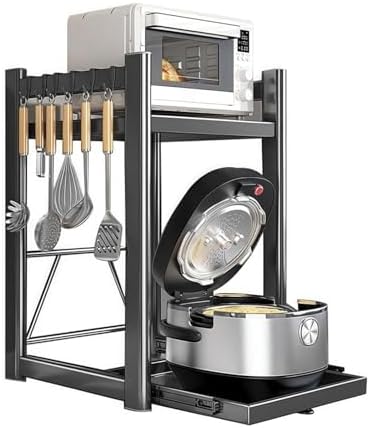 Adjustable 2-Tier Microwave Stand with Pull-Out Tray, Metal Kitchen Organizer Rack, Space-Saving Storage for Rice Cooker & Kitchen Essentials, 6 Hooks Included