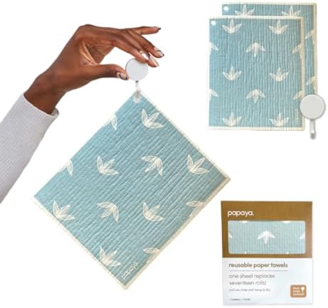 Papaya Swedish Dishcloths for Kitchen, 2 Reusable Paper Towels, 1 Hook by Papaya