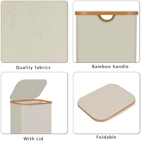 100L Laundry Hamper with Lid, Lagre Basket with Bamboo Handles, Foldable - Image 6
