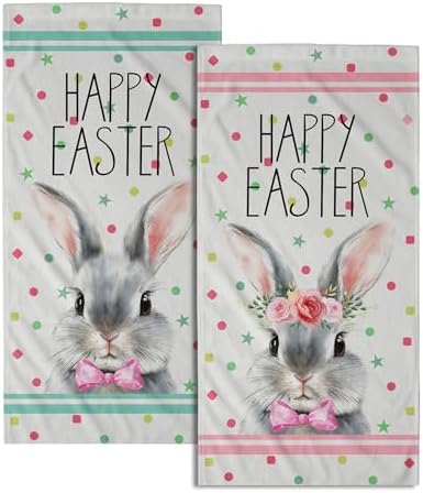 Happy Easter Bath Hand Towels 2 Pack Mr & Mrs. Rabbits Kitchen Tea Dish Towels by Granbey