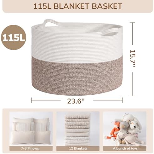 INDRESSME 115L Extra Large Woven Rope Blanket Basket Living Room - Image 2