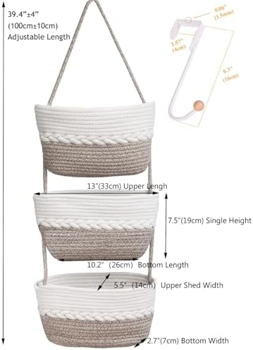 Over the Door Hanging Basket for Organizing 3 Tiers Woven Cotton Rope Wall - Image 3