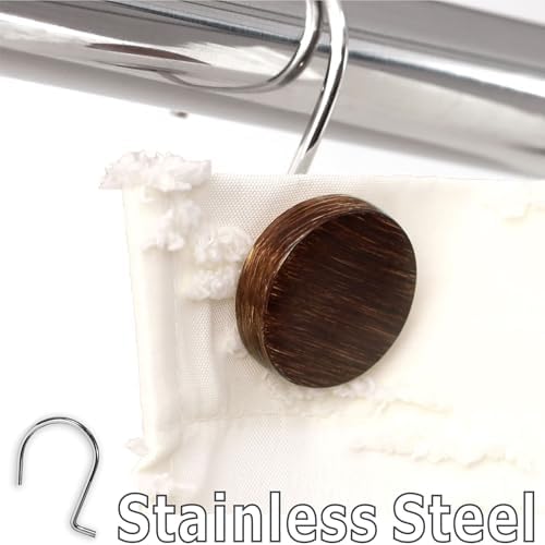 Farmhouse Boho Shower Curtain Hooks-Wood Texture Resin Button Rings - Image 3