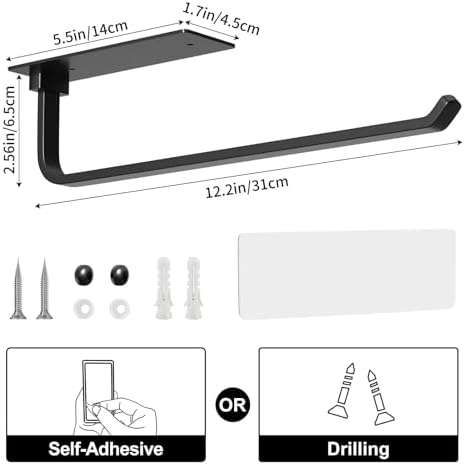 Paper Towel Holder Under Cabinet, Self-Adhesive or Drilling, Matte Black - Image 5