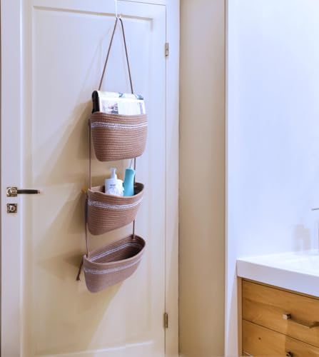 Over the Door Hanging Basket for Organizing 3 Tiers Woven Cotton Rope Wall - Image 4