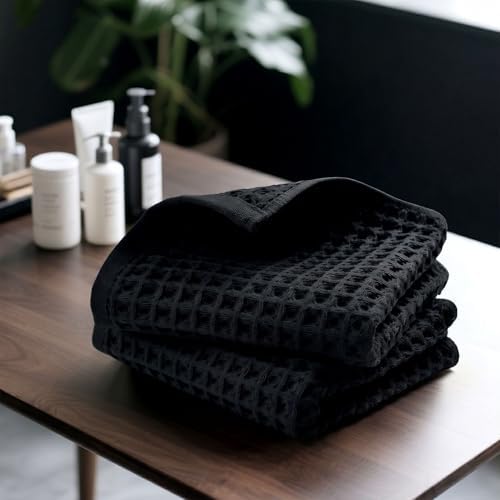 Jacquotha Black Waffle Cotton Hand Towels Set of 2 – Quick Dry, Low Lint - Image 3