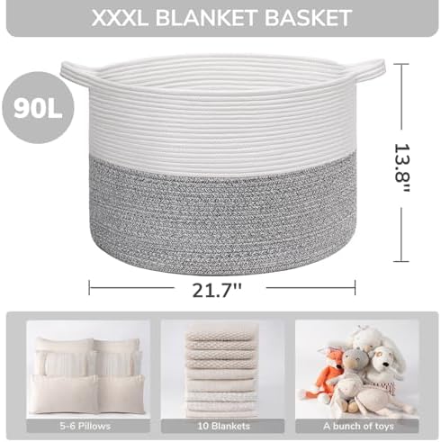 INDRESSME XXXLarge Woven Rope Blanket Basket Living Room Light Grey - Image 3