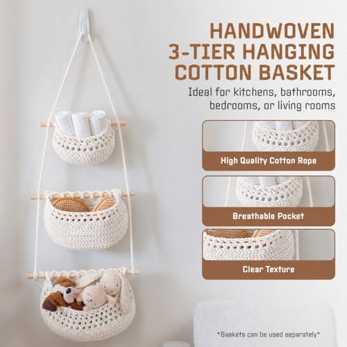Cotton Hanging Fruit Basket, 3 Tier Woven Wall Basket, Hanging storage baskets - Image 2