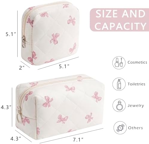 RSRSLEII 2 Pcs Quilted Cotton Makeup Bag Set, 19 Pink Bow Set - Image 3