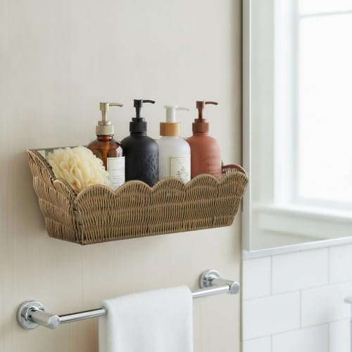 2 Pack Adhesive Plastic Wicker Hanging Storage Basket Scalloped Edge - Image 7