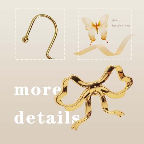 Gold Bow Shower Curtain Hooks, 12 Pack Coquette Bathroom Decor, Decorative - Image 2