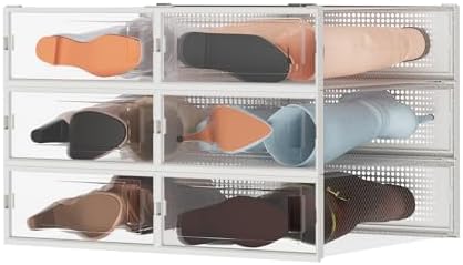 6 Pack Stackable Shoe Storage Boxes, Plastic Shoe Organizer Drawers Bins by SimpleLivingBetterHoming