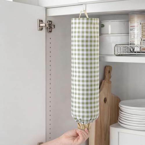 Gingham Plastic Bag Holder for Grocery Bag, Sage Green - Image 6