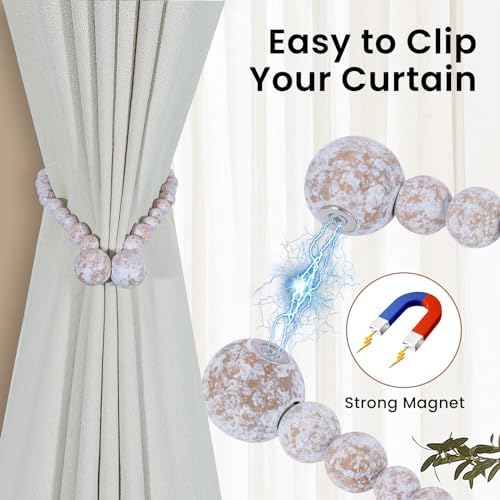 KLOGTSIND Magnetic Curtain Tiebacks, 4 Pack Wood Bead Curtain Holdbacks - Image 2