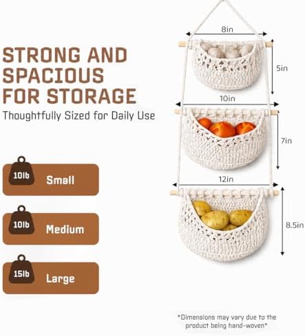 Cotton Hanging Fruit Basket, 3 Tier Woven Wall Basket, Hanging storage baskets - Image 3