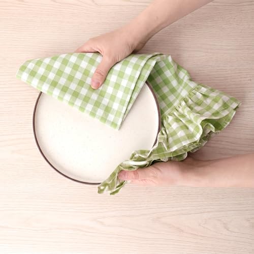 HunnmingRe 2 Pcs Mint Green Gingham Kitchen Towels Cotton Ruffled - Image 6