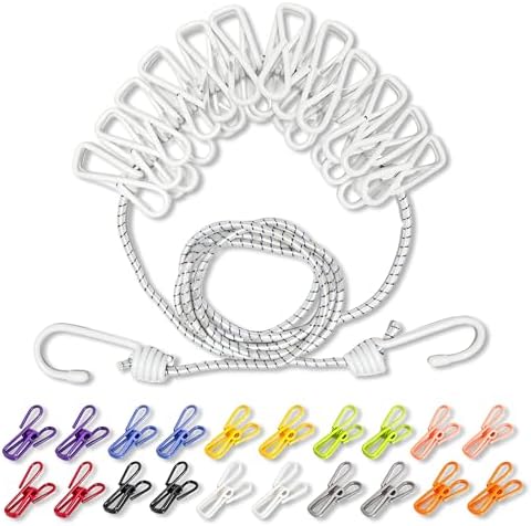 Portable Clothesline with 12 Clothespins, Plus 20 Colorful Clips, Adjustable by Unknown