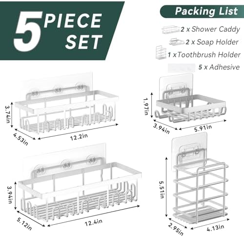 5-Pack Adhesive Shower Caddy for Bathroom & Home Decor White - Image 2