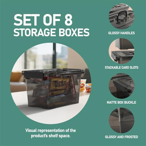 Black Plastic Storage Latch Bins, 8 Pack Clear Plastic Handle Box - Image 5