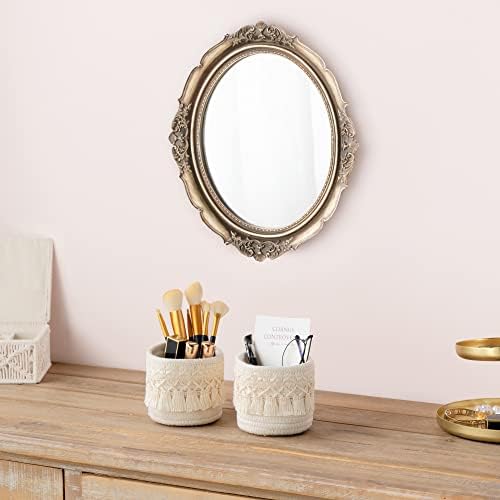 Mkono Macrame Makeup Brush Holder, Boho Mini Storage Basket Set of 2 Ivory - Image 2