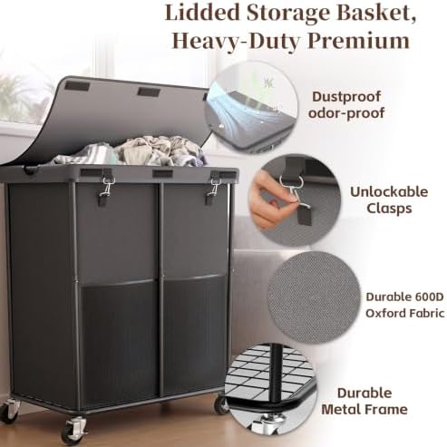 Laundry Hamper with Wheels and Lid, 225L Large Rolling Laundry Basket Gray - Image 4
