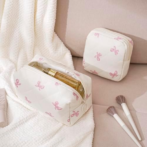 RSRSLEII 2 Pcs Quilted Cotton Makeup Bag Set, 19 Pink Bow Set - Image 2