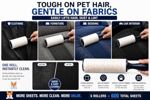 Extra Sticky Lint Roller for Pet Hair, 6 Pack 600 Sheets - Image 7