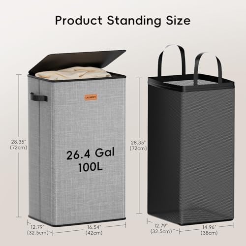 100L Laundry Hamper with Lid, Large Clothes Hampers with Removable Bag - Image 6