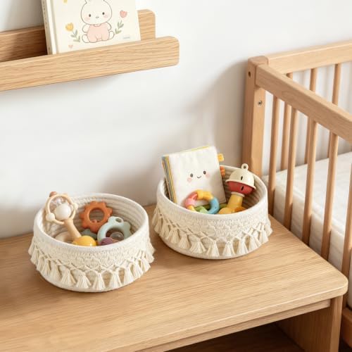 Mkono Macrame Makeup Brush Holder, Boho Mini Storage Basket Set of 2 Ivory - Image 4