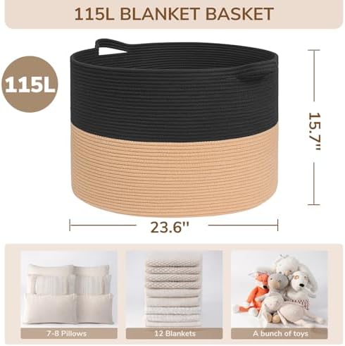 INDRESSME 115L Extra Large Woven Rope Blanket Basket Living Room BlackCamel - Image 2