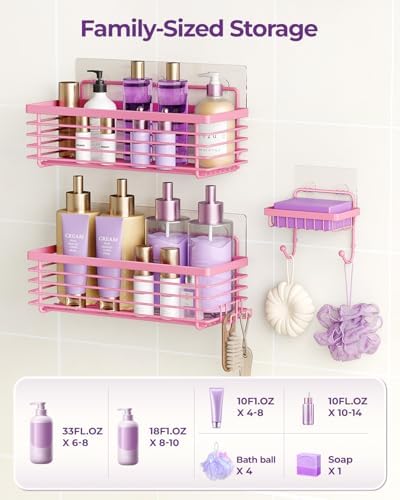 Shower Caddy Adhesive 3 Pack Stainless Steel Storage Organizers-Pink - Image 5