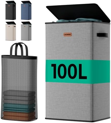100L Laundry Hamper with Lid, Durable Laundry Basket Made of Cationic Fabric by MECINFUL