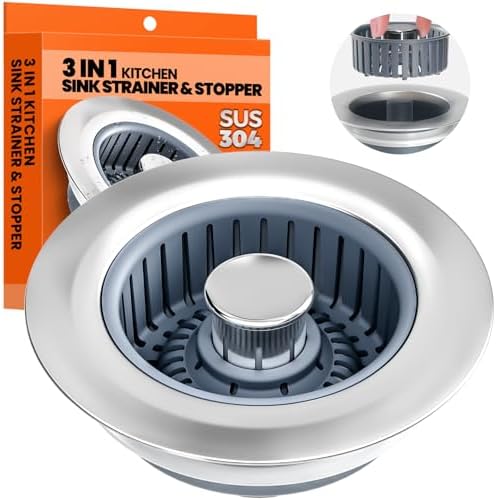 3 in 1 Kitchen Sink Drain Strainer and Stopper Silver 1 Pack by Nipoko