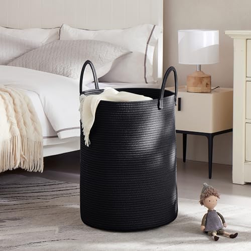 80L Large Black Laundry Basket Tall Woven Hamper - Image 2