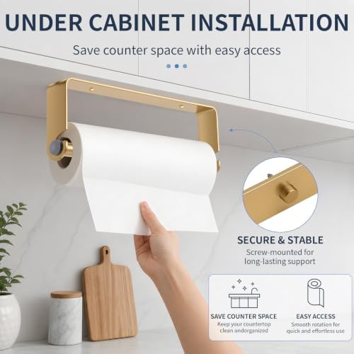 Under Cabinet Paper Towel Holder, Adhesive or Wall Mount（Gold） - Image 3