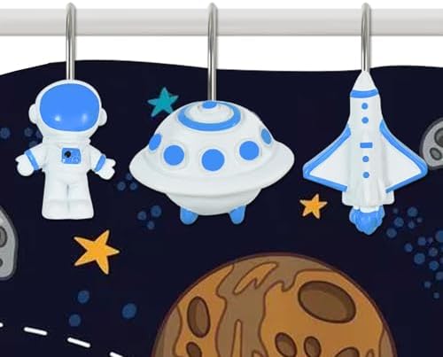 12-Piece Outer Space Galaxy Rocket Planet Shower Curtain Hooks by CTOHN
