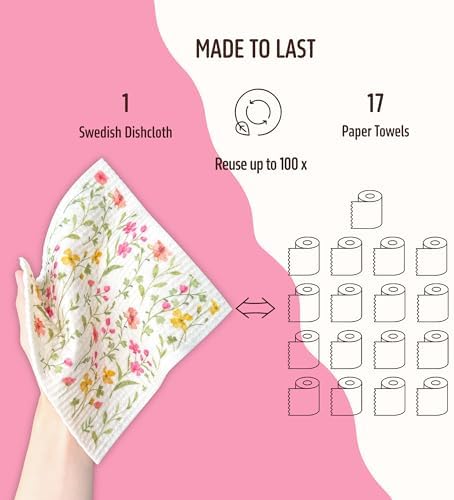 Swedish Dishcloths for Kitchen, 5 Pack Flowers Reusable Paper Towels Washable - Image 4