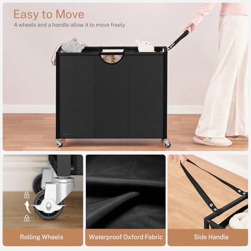 Laundry Sorter 3 Section with Tabletop & 2 Drawers, Rolling Laundry Hamper with - Image 6