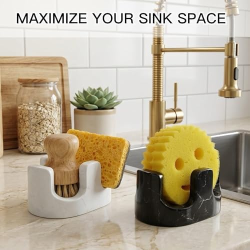 White Marble Sponge Holder for Kitchen Sink, 2-in-1 Sponge & Brush Holder - Image 6