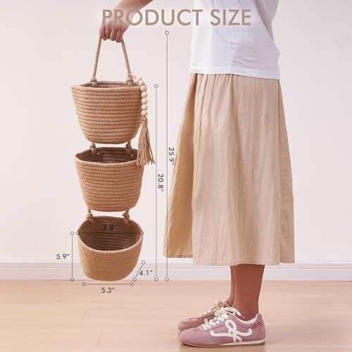 LIGHT DUST Wall Hanging Rope Baskets 3-Tier Boho Organizers - Image 3
