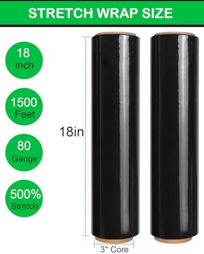 Black Stretch Wrap Roll, Heavy Duty 18in x 1500ft Shrink Film/Wrap, 4 Pack - Image 5